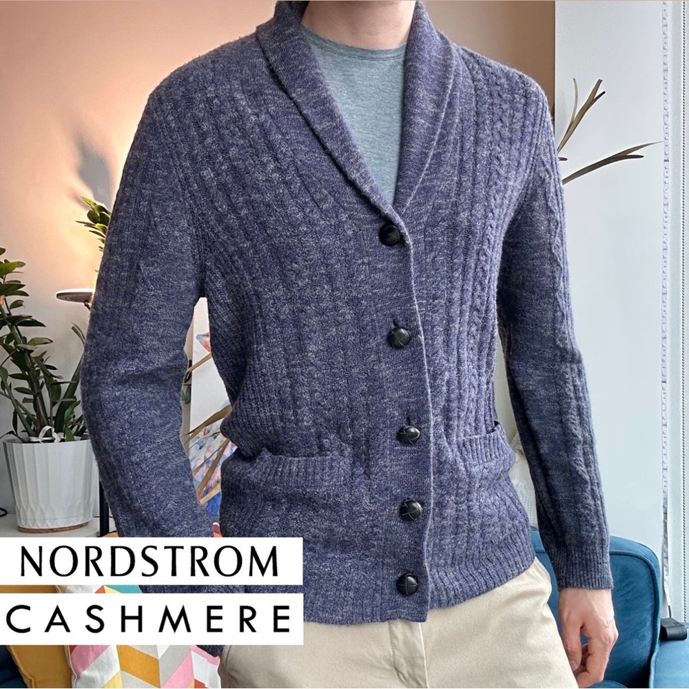 Nordstrom Cashmere Navy Blue Button V-neck Long Sleeve Middle Cardigan L - Picture 1 of 12